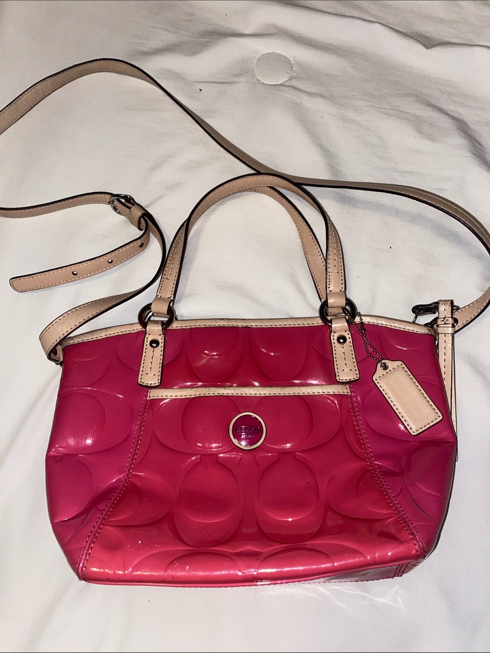 Coach Hot Pink Patent Leather Satchel with Beige Straps